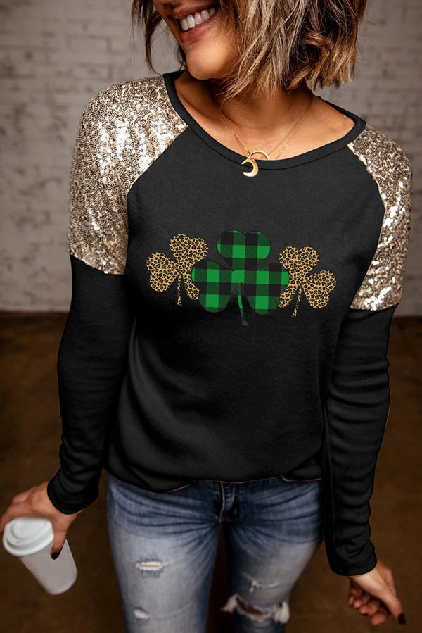 Lucky Clover Sequin Round Neck T-Shirt | Trendsi