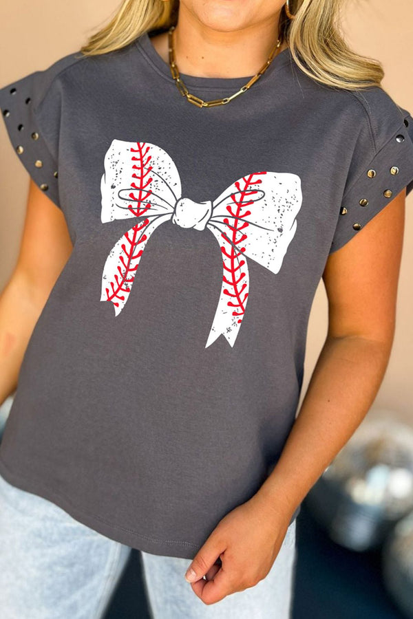 Studded Bow Graphic Round Neck Cap Sleeve T-Shirt | Trendsi