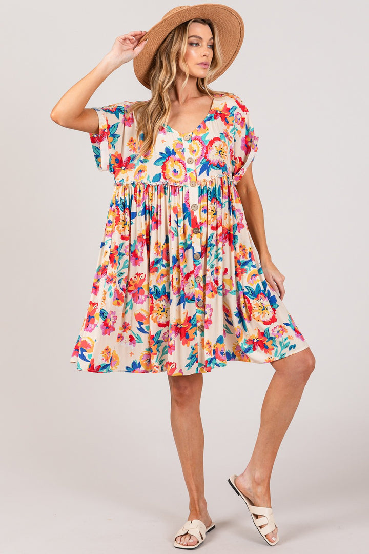SAGE + FIG Full Size Floral Button-Down Short Sleeve Dress | Trendsi