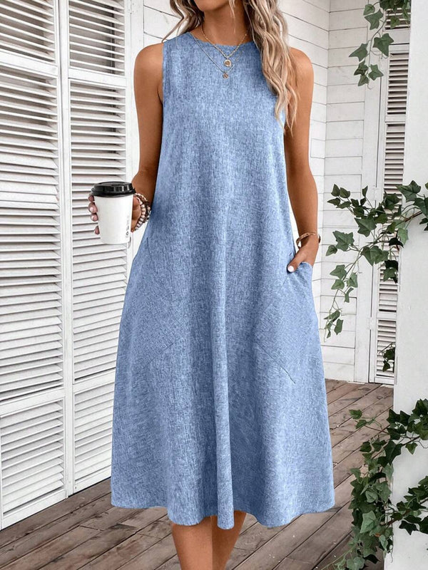Full Size Pocketed Round Neck Sleeveless Dress | Trendsi