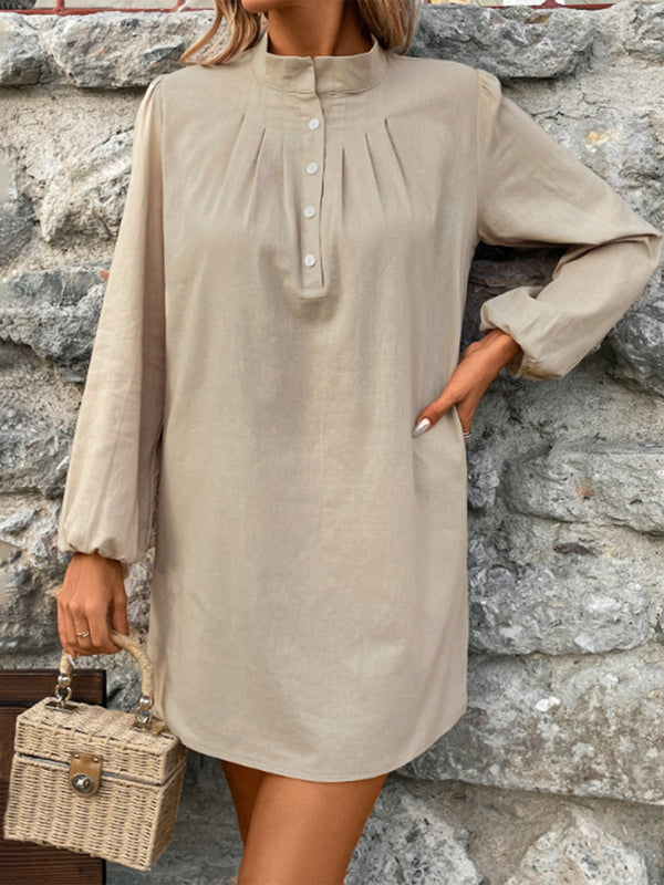 Half Button Mock Neck Long Sleeve Mini Shirt Dress | Trendsi