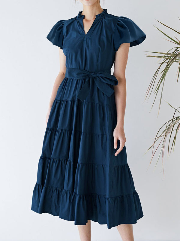Ruched Tiered Notched Short Sleeve Dress | Trendsi