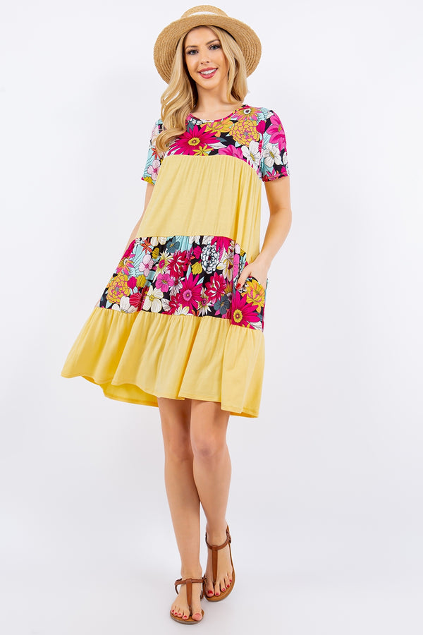 Celeste Full Size Color Block Floral Round Neck Short Sleeve Dress | Trendsi