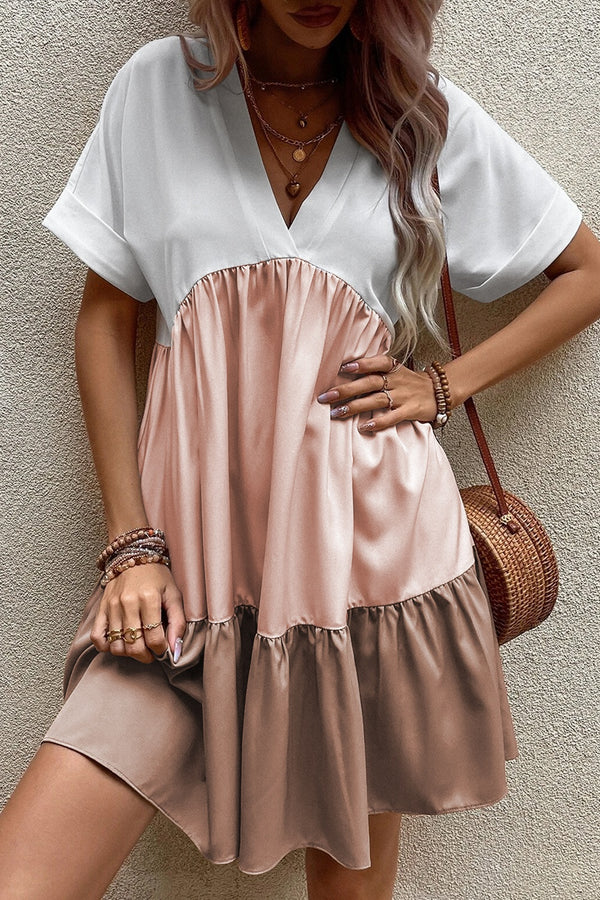 Color Block V-Neck Short Sleeve Mini Dress | Trendsi