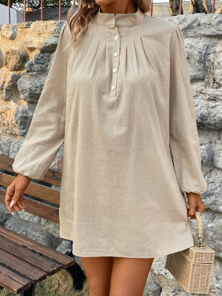 Half Button Mock Neck Long Sleeve Mini Shirt Dress | Trendsi