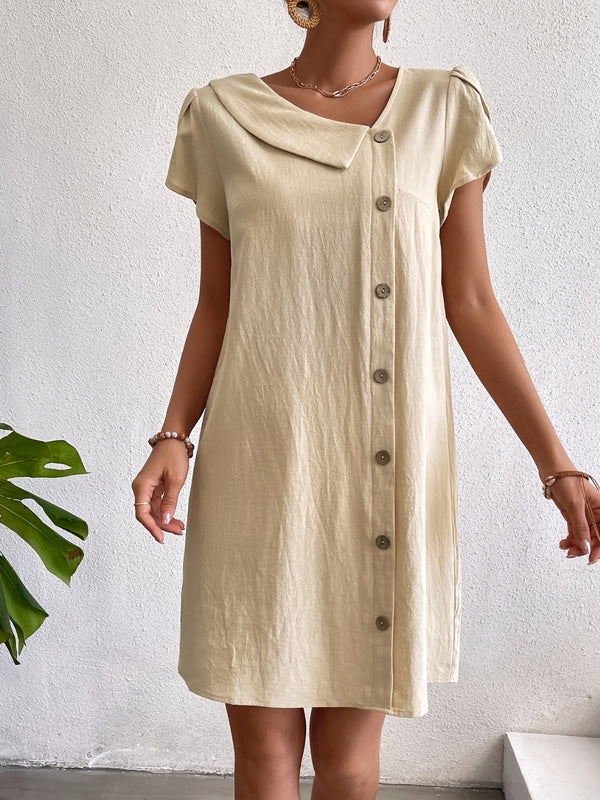 Decorative Button Asymmetrical Neck Short Sleeve Dress | Trendsi