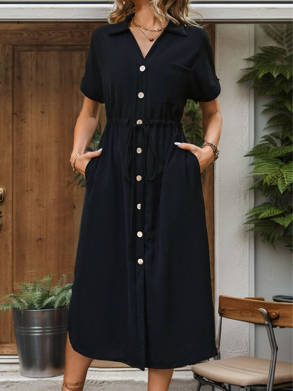 Slit Drawstring Button Up Short Sleeve Midi Dress | Trendsi