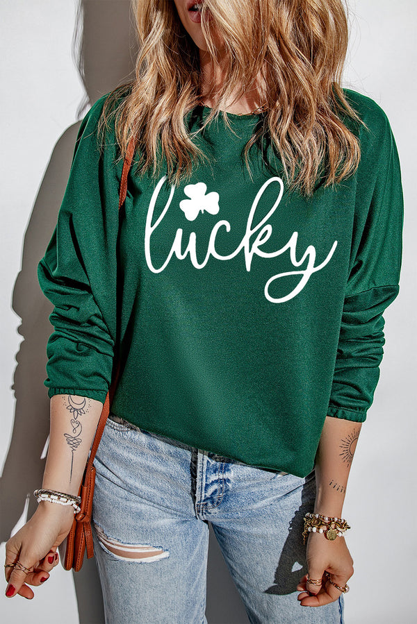 LUCKY Round Neck Dropped Shoulder Blouse | Trendsi