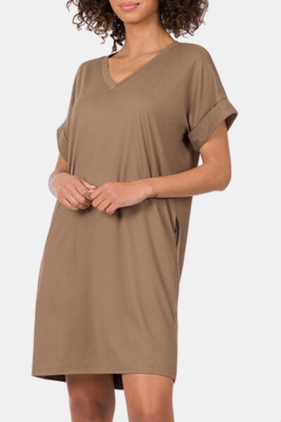 Zenana Rolled Short Sleeve V-Neck Dress | Trendsi