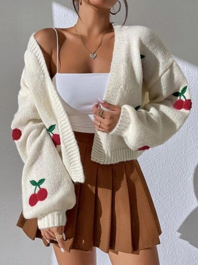 Cherry Graphic Open Front Dropped Shoulder Cardigan | Trendsi