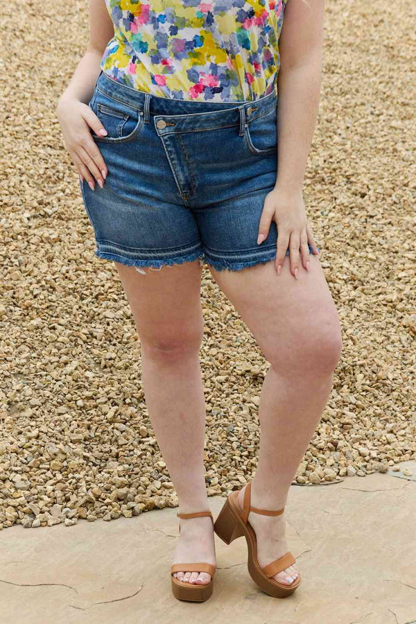 RISEN Maya Full Size Mid Rise Asymmetrical Shorts |1mrk.com