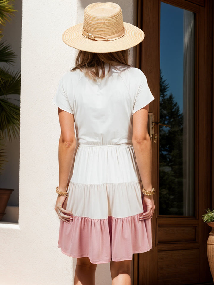 Color Block V-Neck Short Sleeve Tee Dress | Trendsi