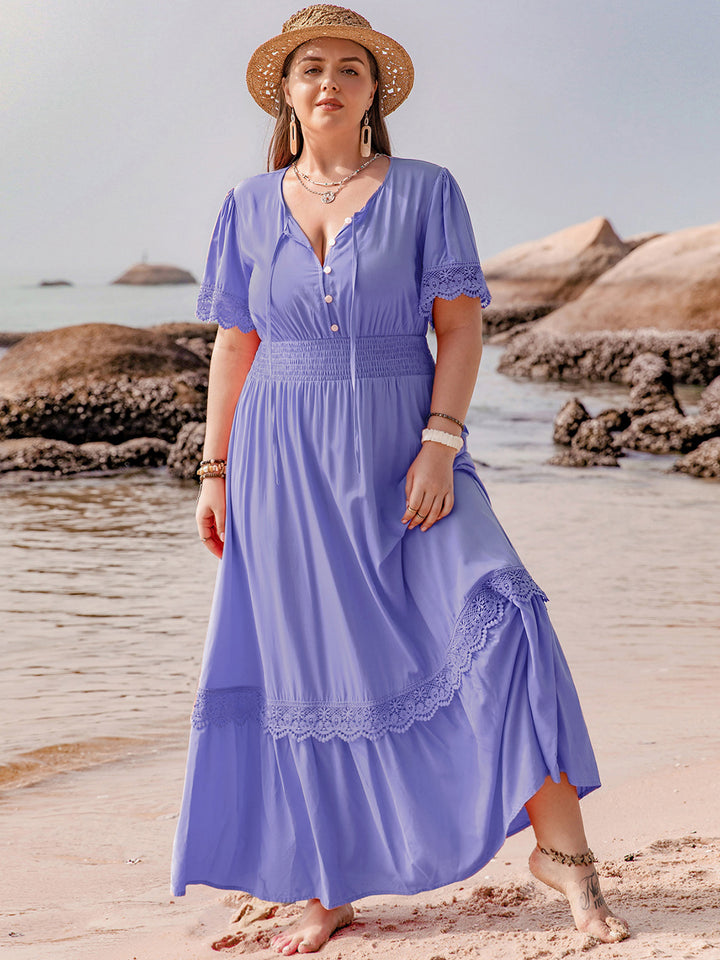 Plus Size Lace Detail Tie Neck Short Sleeve Maxi Dress | Trendsi