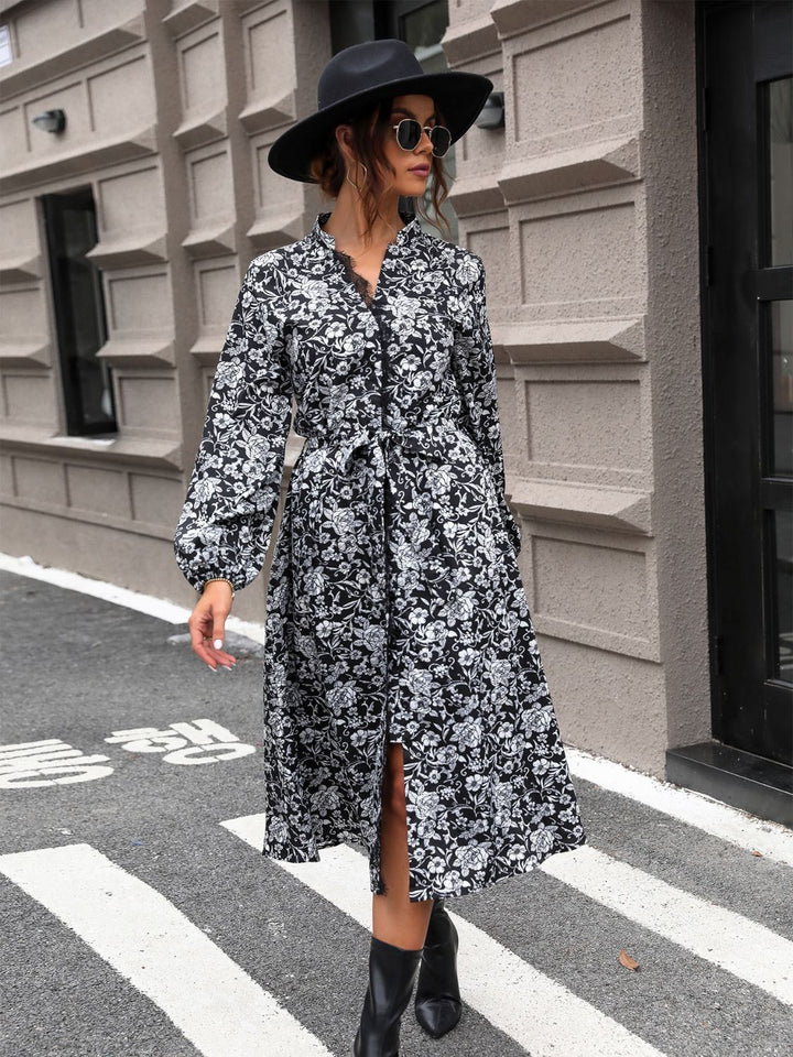 Lace Detail Printed Long Sleeve Midi Dress | Trendsi