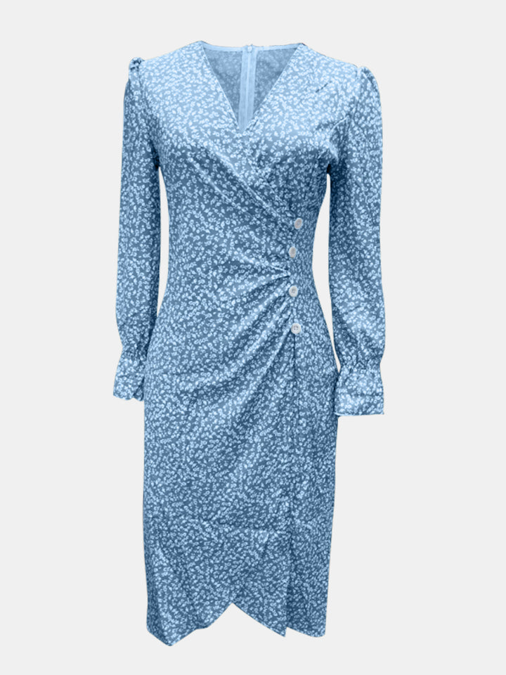 Full Size Printed Surplice Long Sleeve Midi Dress | Trendsi