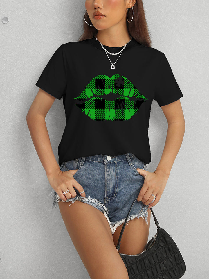 Plaid Lip Graphic Round Neck T-Shirt | Trendsi