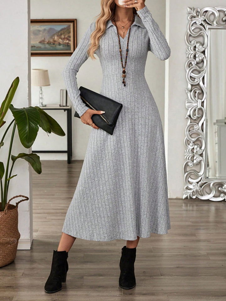 Ribbed Johnny Collar Long Sleeve Dress | Trendsi