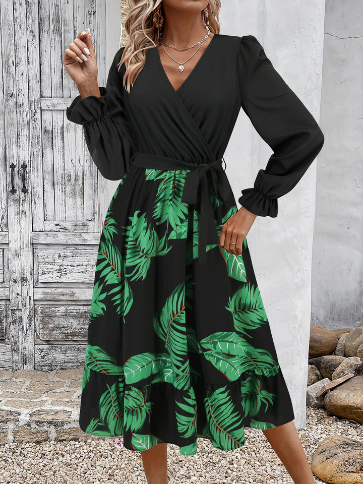 Tied Ruffled Printed Long Sleeve Dress | Trendsi