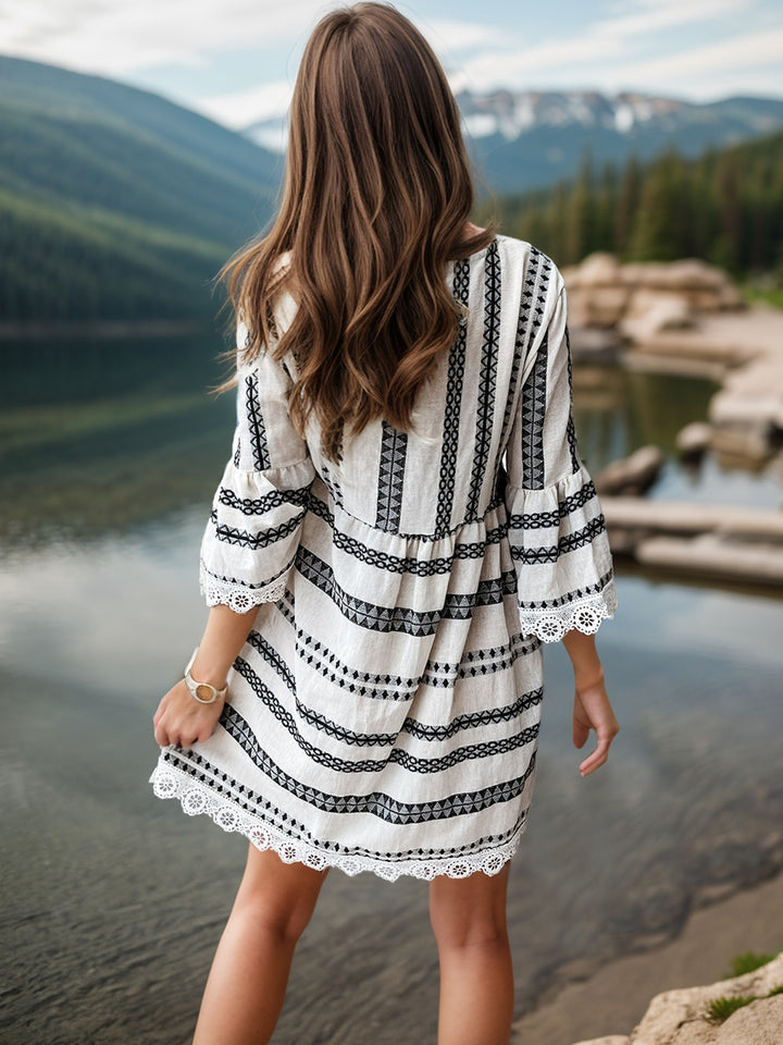 Lace Detail Printed Three-Quarter Sleeve Dress | Trendsi