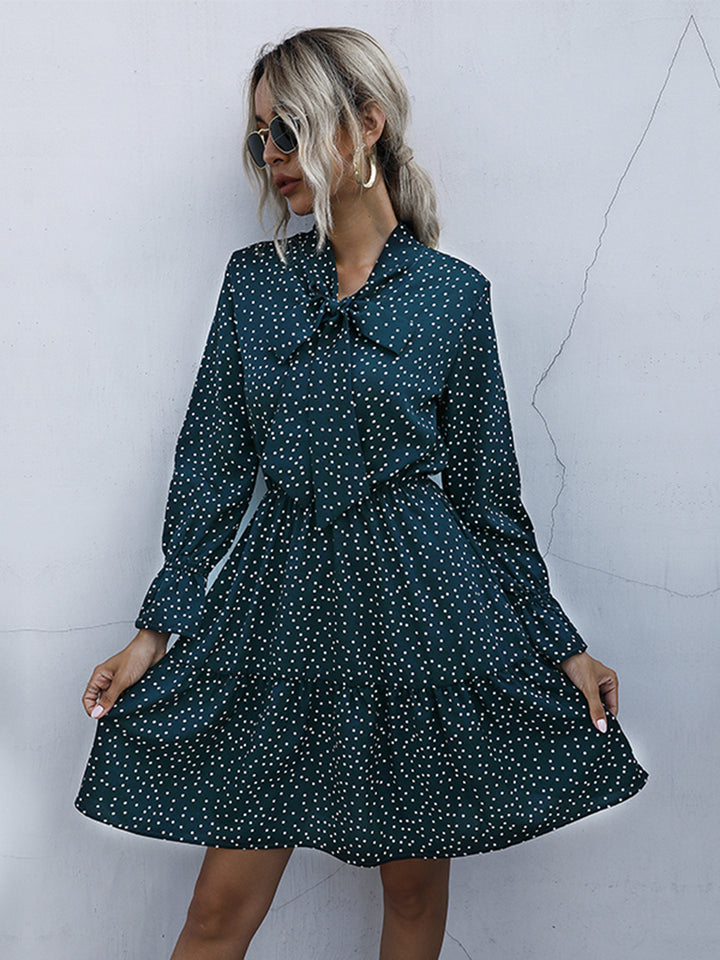 Perfee Polka Dot Tie Neck Long Sleeve Dress | Trendsi