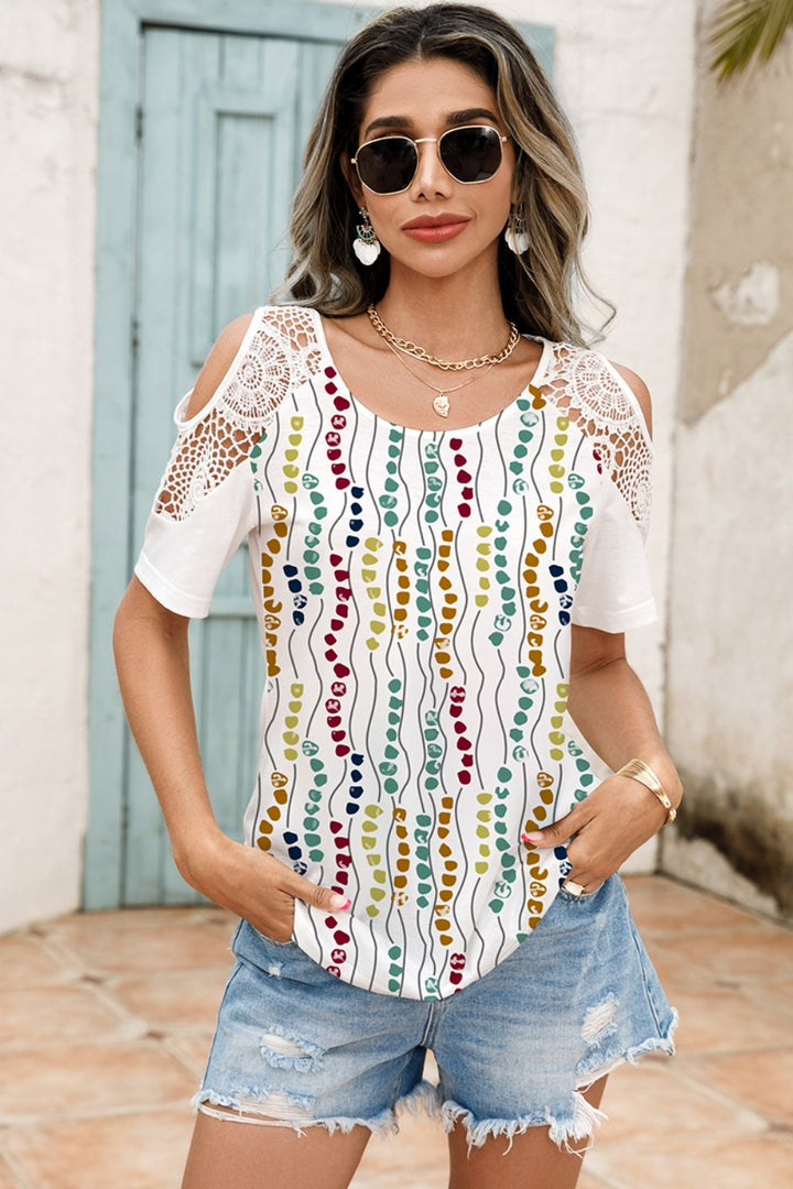 Lace Detail Round Neck Cold Shoulder Blouse | Trendsi