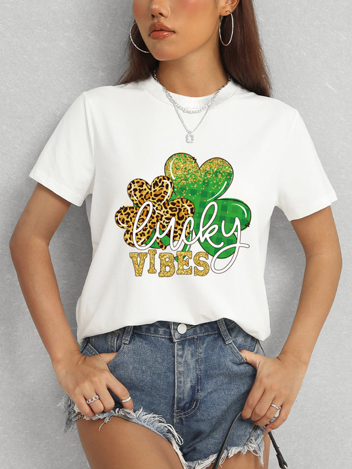 LUCKY VIBES Round Neck Short Sleeve T-Shirt | Trendsi