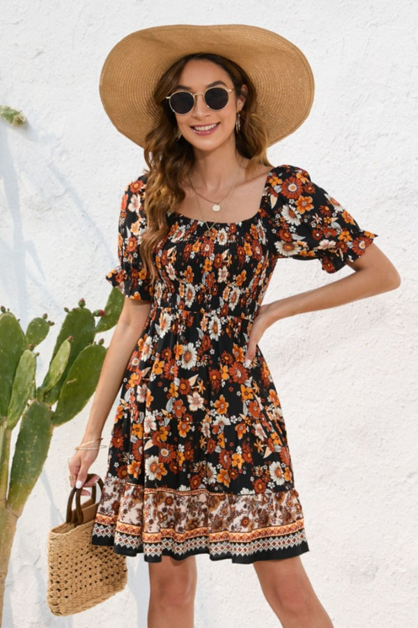 Printed Square Neck Short Sleeve Dress | Trendsi