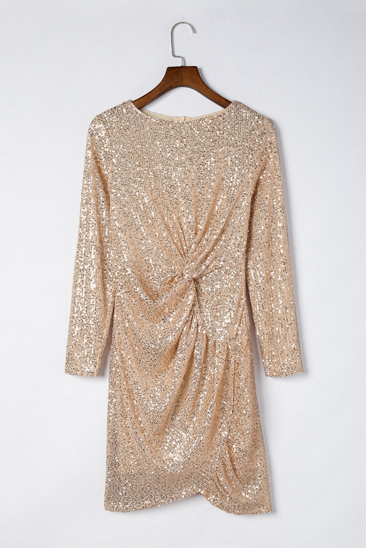 Sequin Knot Round Neck Long Sleeve Mini Dress | Trendsi