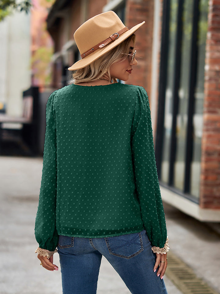 Swiss Dot V-Neck Long Sleeve Blouse | Trendsi