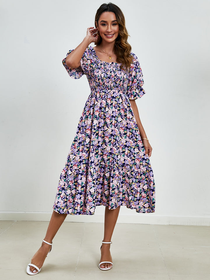 Smocked Floral Square Neck Short Sleeve Dress | Trendsi