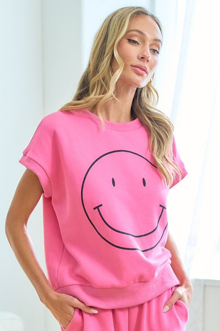 First Love Smile Face Drop Shoulder Brushed Inside T-Shirt | Trendsi