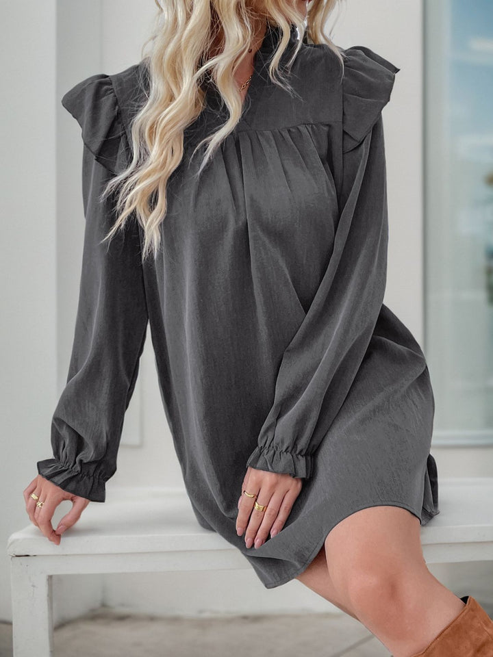 Perfee Ruffled Notched Long Sleeve Mini Dress | Trendsi