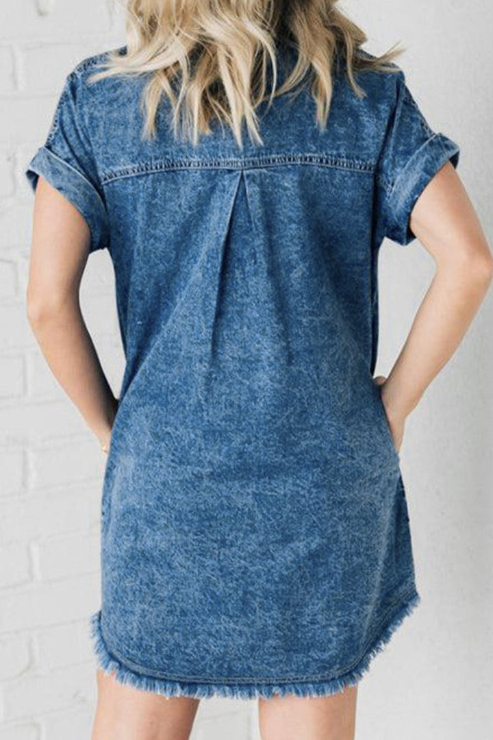 Raw Hem Pocketed Cap Sleeve Denim Dress | Trendsi