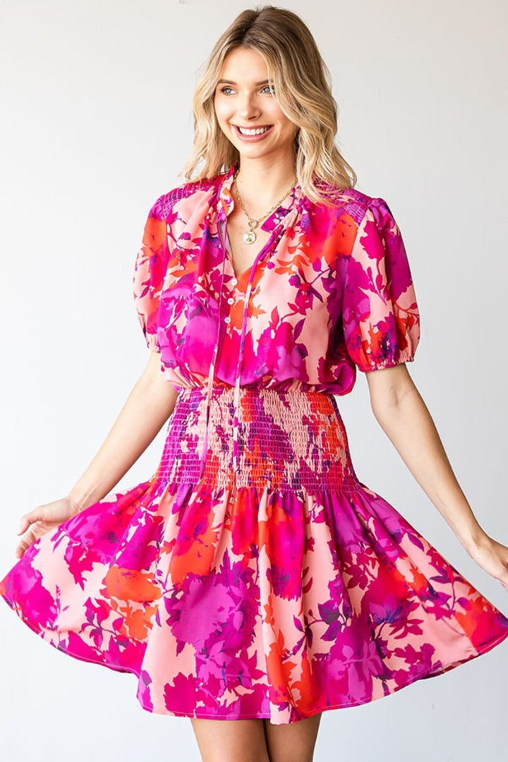 First Love Floral Short Sleeve Smocked Mini Dress | Trendsi