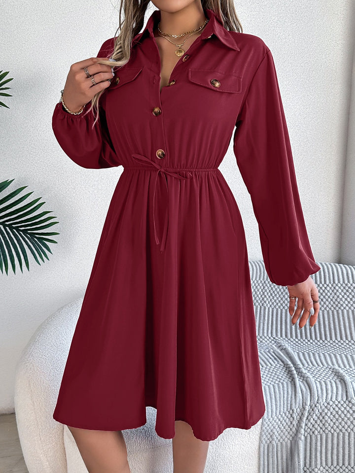 Collared Neck Long Sleeve Dress with Pockets | Trendsi