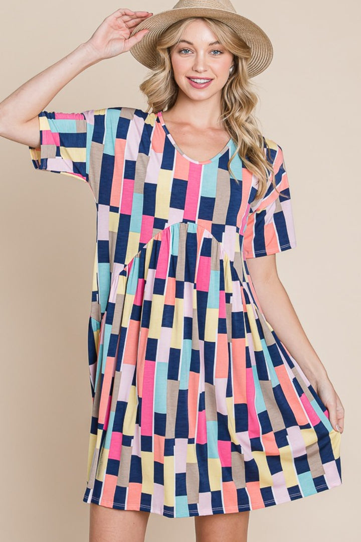 BOMBOM Ruched Color Block Short Sleeve Mini Dress | Trendsi