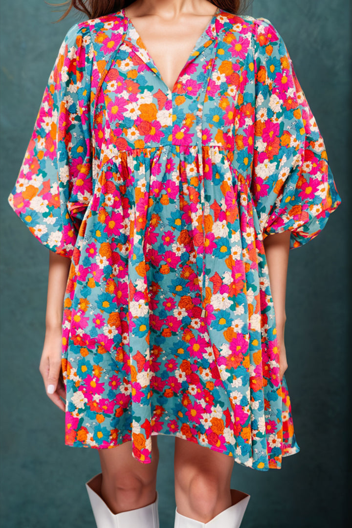 Floral Tie Neck Puff Sleeve Mini Dress | Trendsi