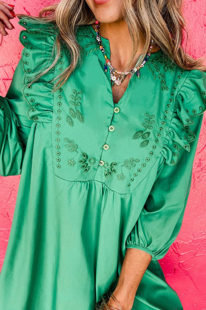 Embroidered Ruffled Notched Three-Quarter Sleeve Dress | Trendsi