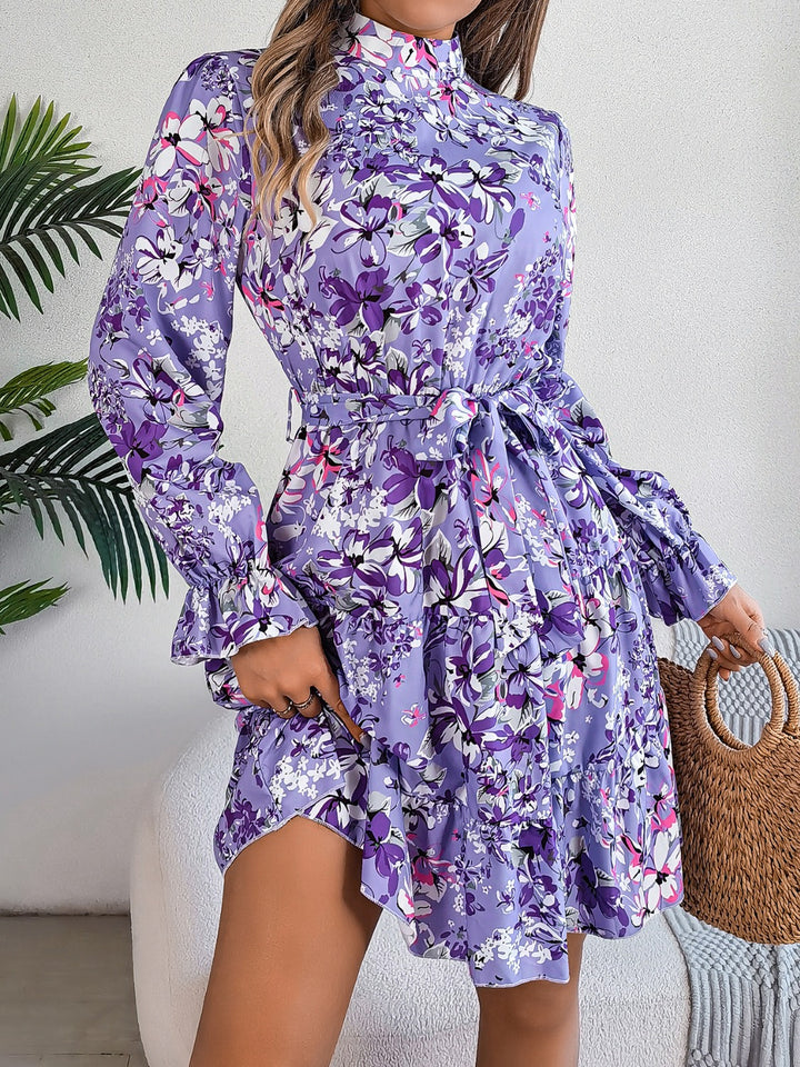 Printed Mock Neck Flounce Sleeve Mini Dress | Trendsi