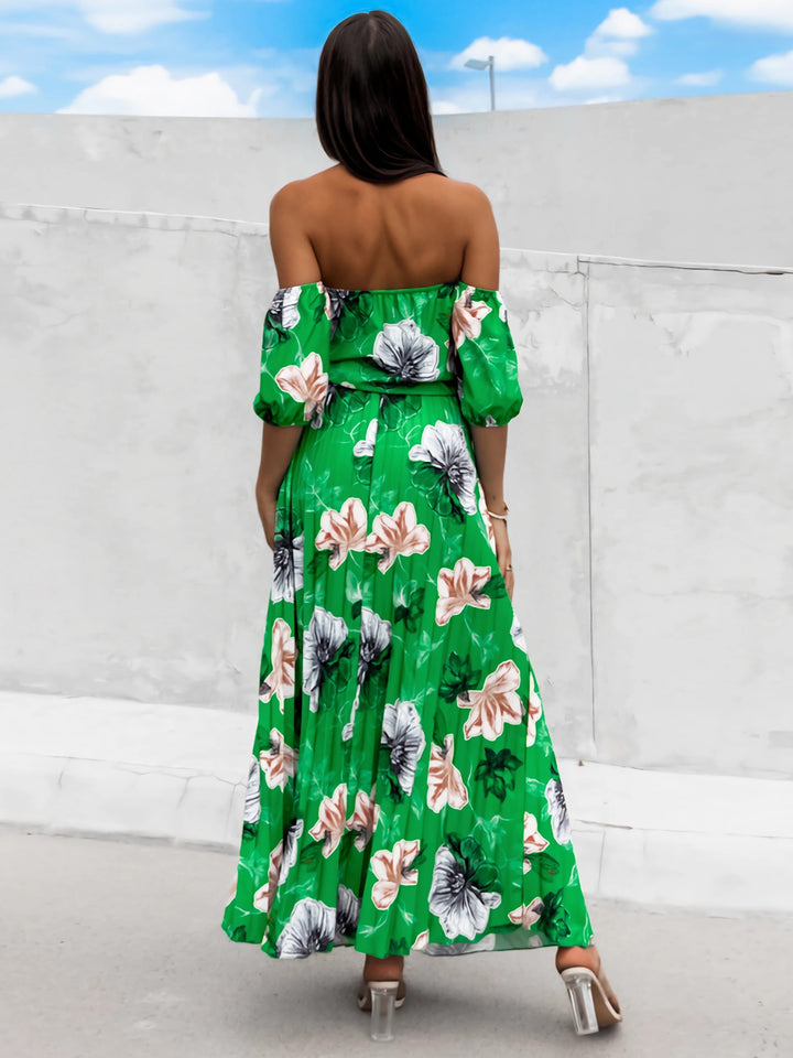 Pleated Floral Off-Shoulder Short Sleeve Midi Dress | Trendsi