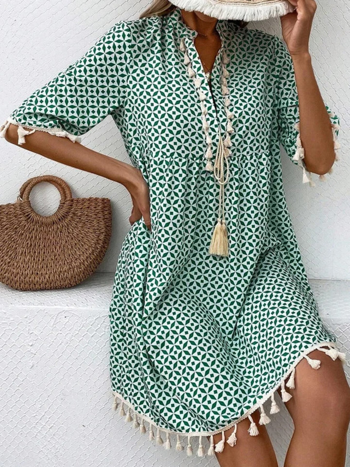 Tassel Printed Notched Half Sleeve Mini Dress | Trendsi