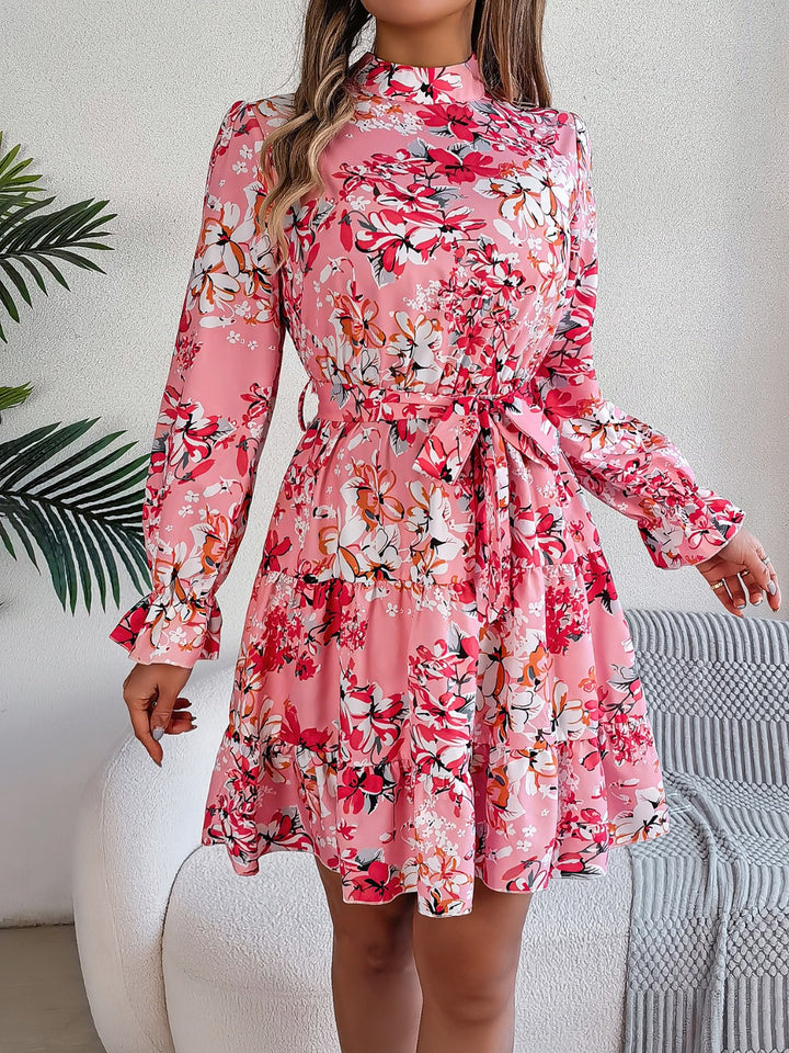 Printed Mock Neck Flounce Sleeve Mini Dress | Trendsi