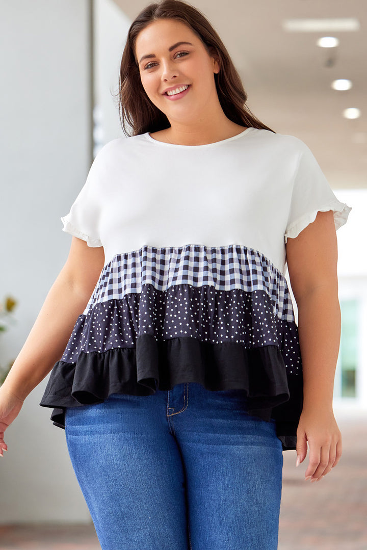 Plus Size Plaid Color Block Tiered Blouse | Trendsi