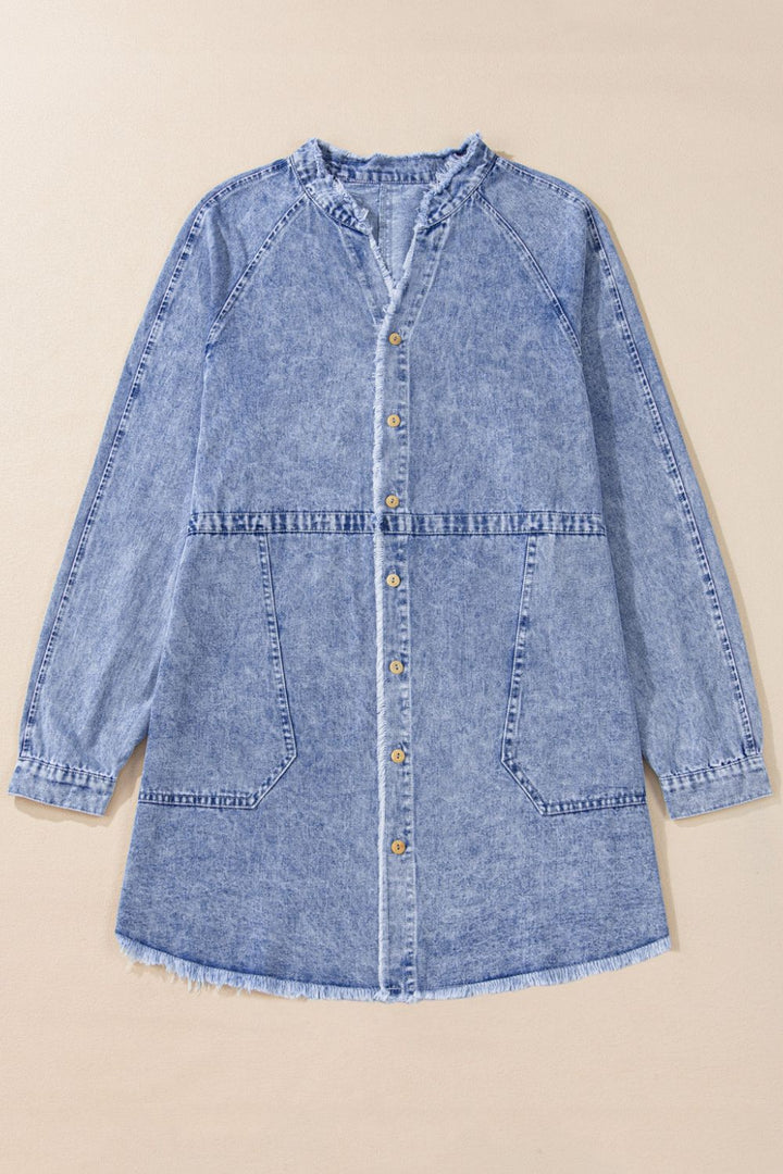 Raw Hem Button Down Long Sleeve Denim Dress | Trendsi