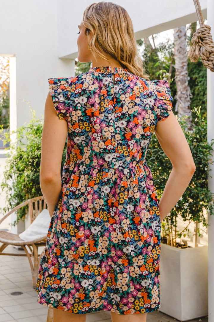 ODDI Full Size Floral Ruffled Cap Sleeve Mini Dress | Trendsi