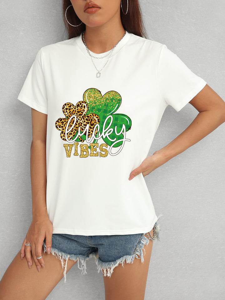 LUCKY VIBES Round Neck Short Sleeve T-Shirt | Trendsi