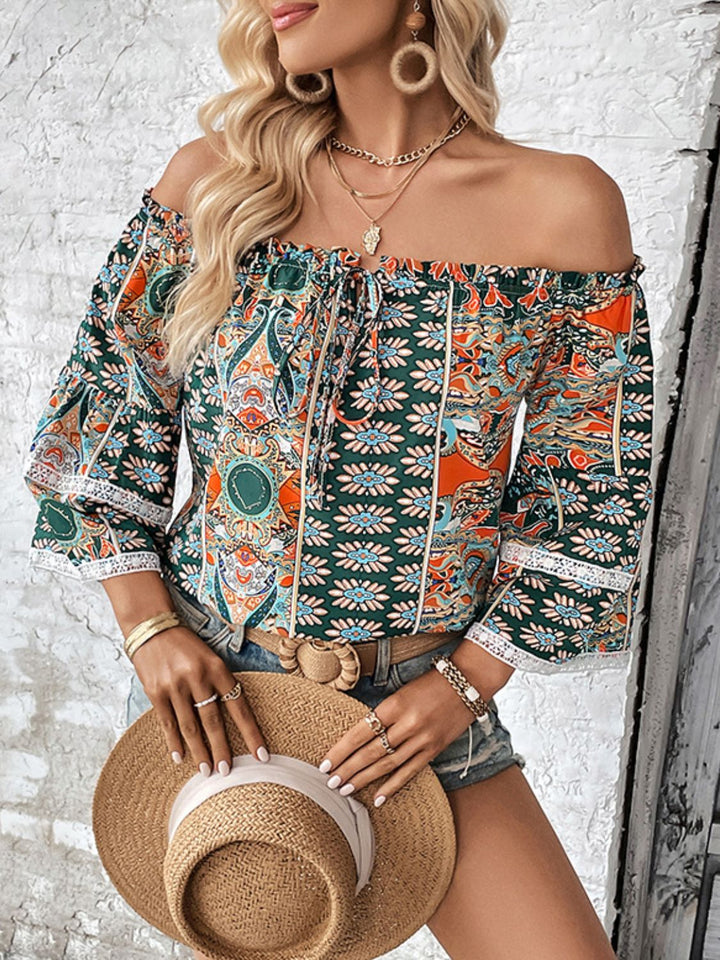 Perfee Printed Frill Trim Off-Shoulder Blouse | Trendsi