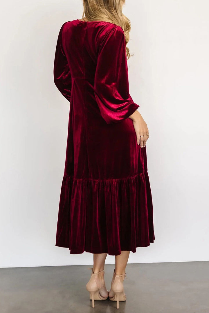 V-Neck Long Sleeve Midi Velvet Dress | Trendsi