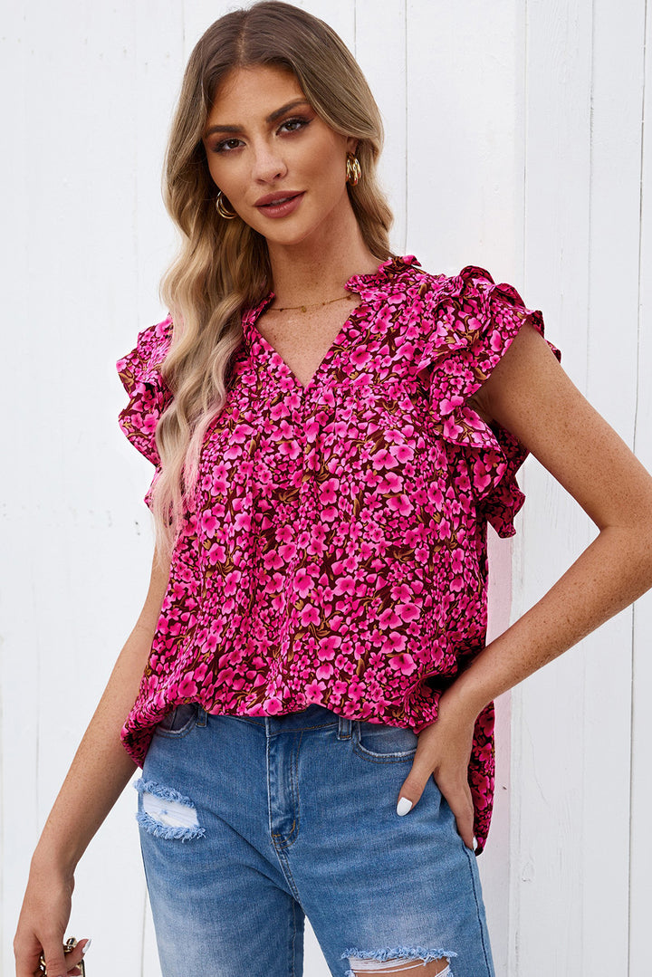 Floral Flutter Sleeve Notched Neck Blouse | Trendsi