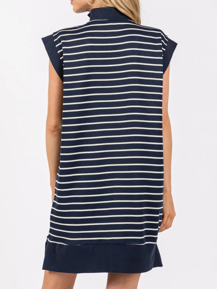 Full Size Pocketed Striped Quarter Zip Cap Sleeve Dress | Trendsi